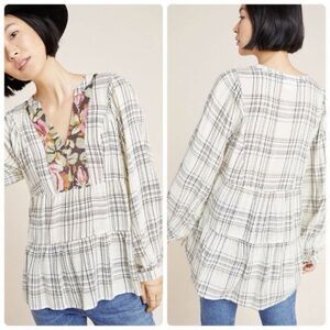 Anthropologie Darlene Plaid Peasant Blouse High-Low Floral Jacquard Size MP